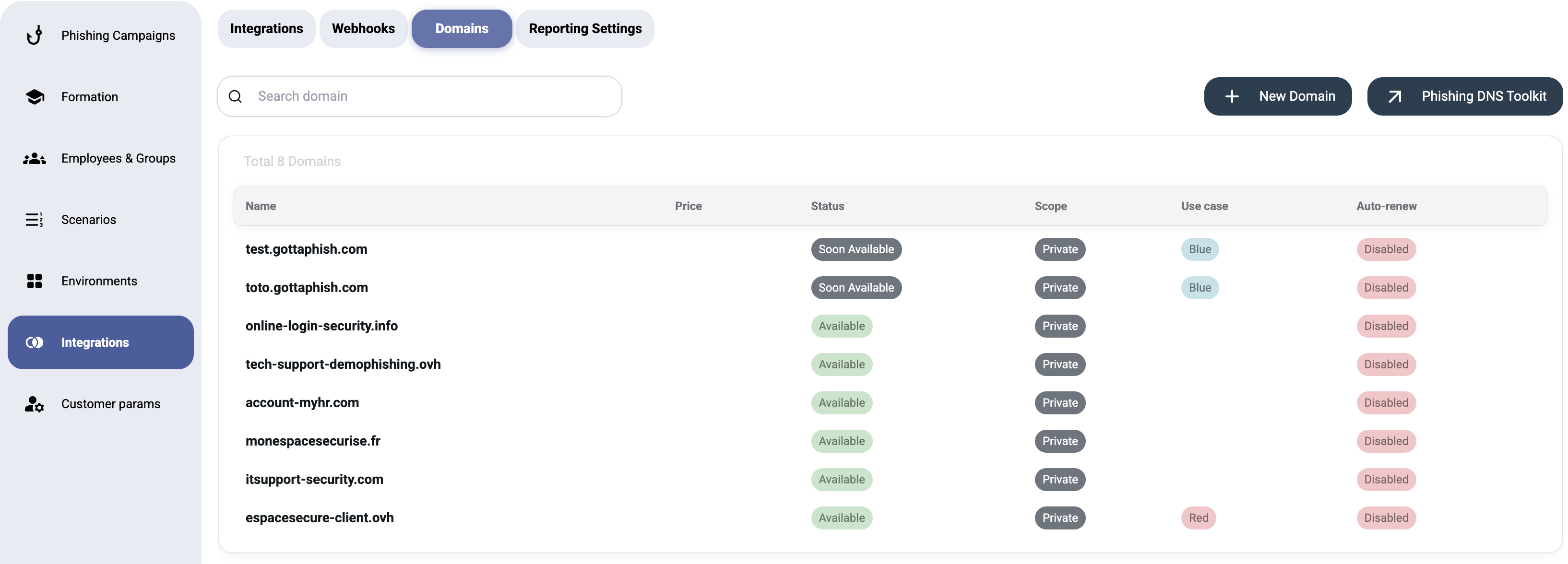 Domains management with status, pricing, and DNS Toolkit