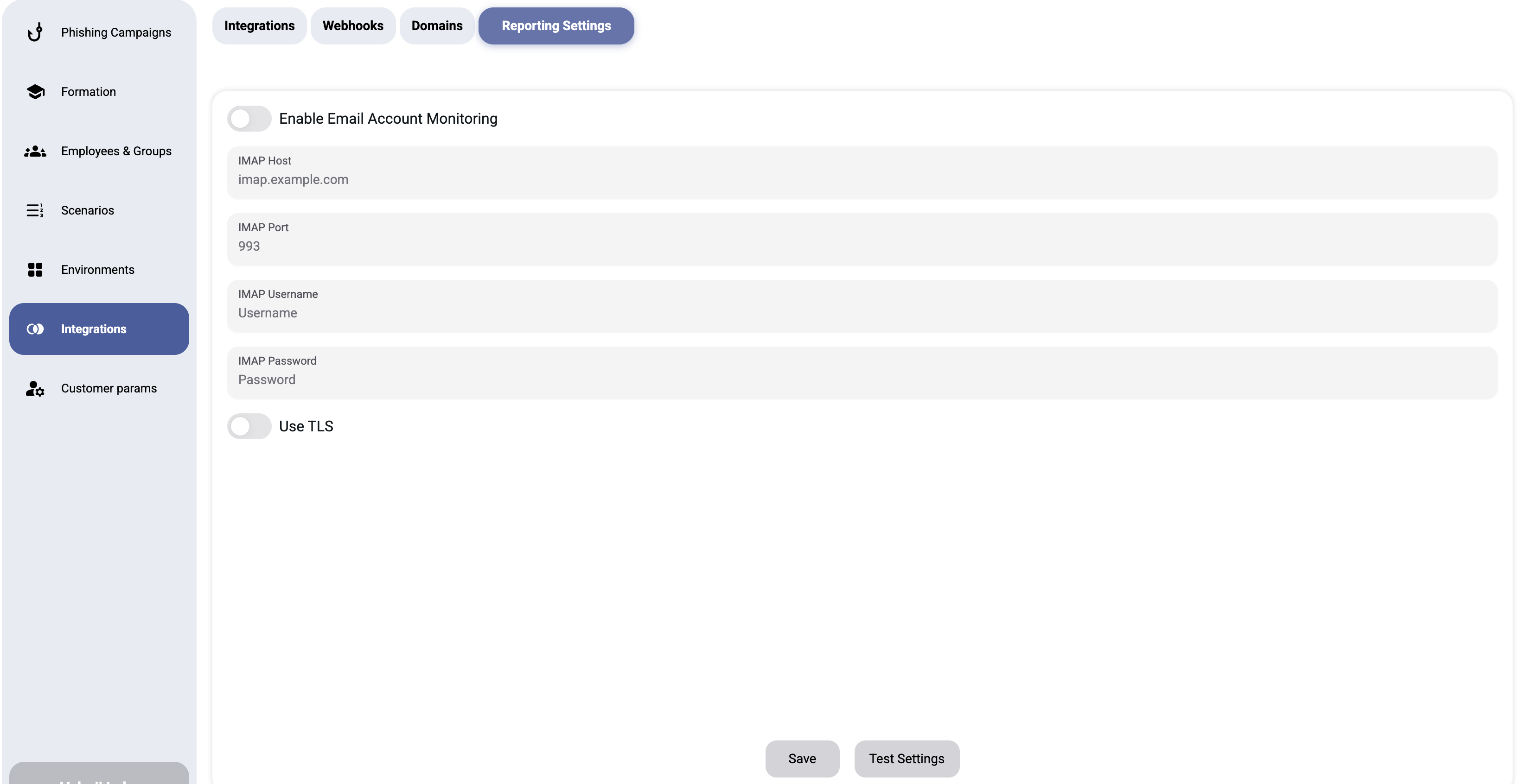 Reporting Settings — IMAP configuration for email monitoring